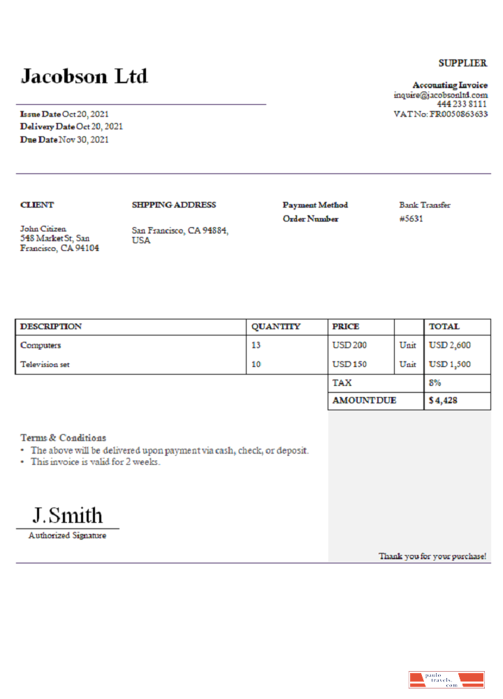 USA Jacobson Ltd invoice PSD template